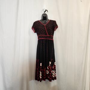 APT 9 Black Red Floral Dot Dash Artsy Art To Wear Midi Dress Pin Up Womens M